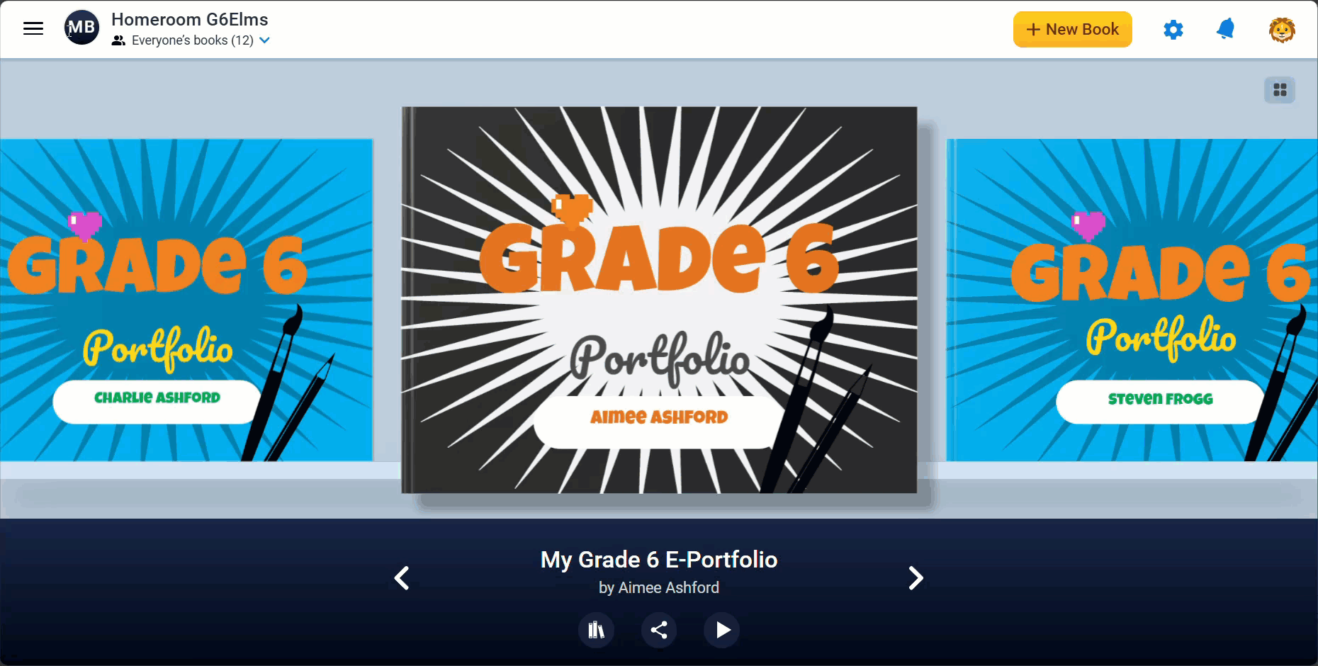 A GIF displaying a digital interface for accessing portfolios in Book Creator. The main screen shows three portfolio covers. The central cover, highlighted, is labeled 'Grade 6 Portfolio' by Aimee Ashford, with a black and white starburst background. On either side are similar covers with blue backgrounds. The header indicates the user is in 'Homeroom G6Elms'. There are navigation and control icons at the top right and bottom of the screen, including options to create a new book and share or view the portfolios.