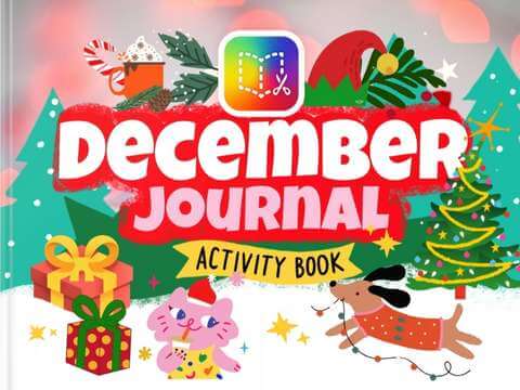 Cover of the 'December Journal Activity Book' featuring festive holiday illustrations, including Christmas trees, wrapped presents, a playful dog in a sweater, and a smiling cat. The Book Creator logo is displayed prominently at the top.