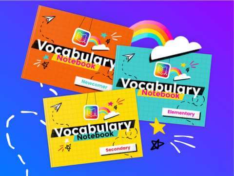 Illustration showcasing three colorful Vocabulary Notebook covers labeled for Newcomer, Elementary, and Secondary levels. Each notebook features playful designs, including stars, rainbows, clouds, and doodles, along with the Book Creator logo prominently displayed.