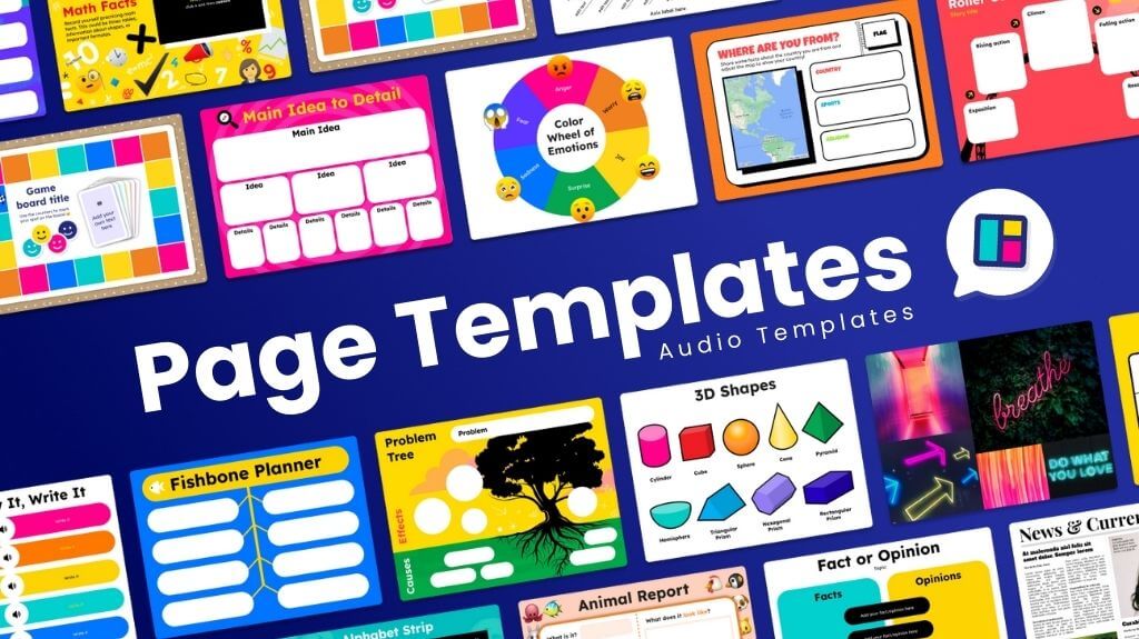 Collage of colorful and engaging page templates for educational use, including templates for math facts, emotion wheels, game boards, 3D shapes, fishbone planners, and more. The text 'Page Templates' and 'Audio Templates' is displayed in the center with an icon representing digital portfolios.