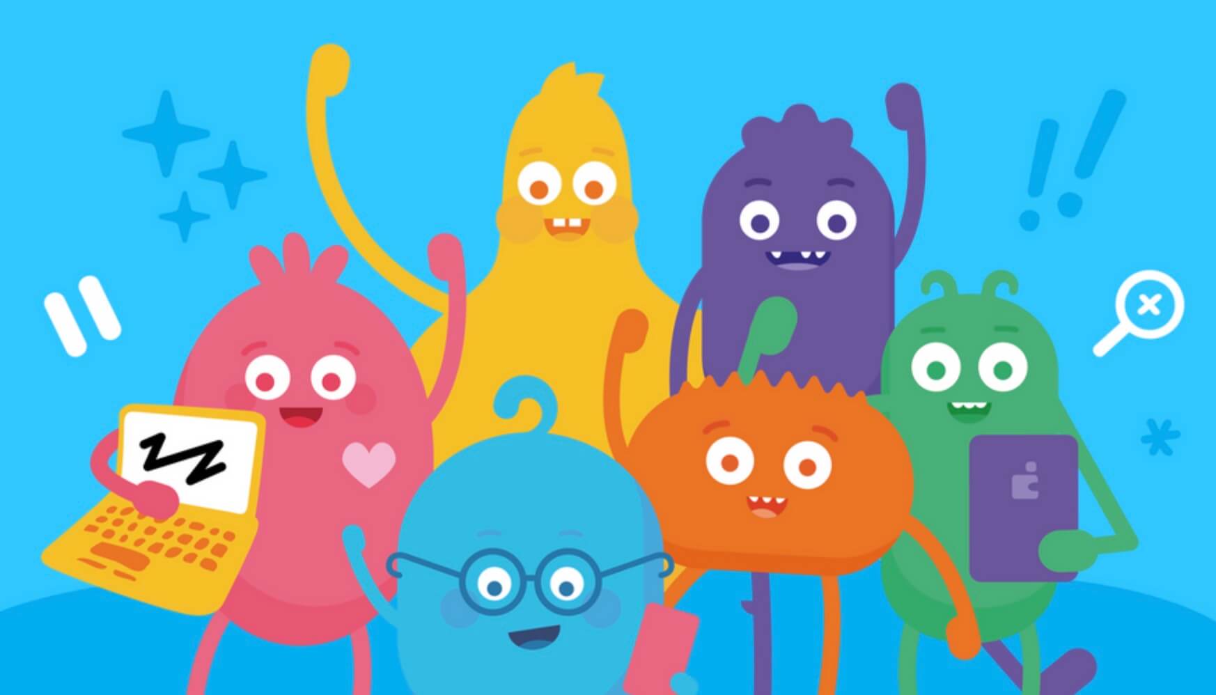 Colorful cartoon characters from Common Sense Education's Digital Citizens, each representing different aspects of digital citizenship, smiling and holding digital devices on a blue background.