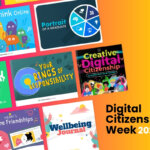 Digital Citizenship Week 2024 promotional graphic showcasing various educational activities, including topics like social media responsibility, online friendships, digital citizenship for grades 9-12, and emotional wellbeing. Visuals include Common Sense Education resources, emphasizing creative digital citizenship and responsibility.