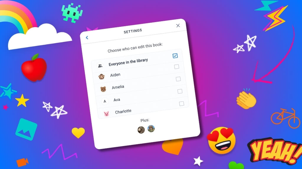 Screenshot of Book Creator's collaboration settings with a vibrant, colorful background featuring emojis and fun graphics. The interface shows a list where users can select who can edit the book, including options such as "Everyone in the library" and individual names like Aiden, Amelia, Ava, and Charlotte. The background includes icons like a rainbow, heart, star, bike, and more, adding a playful and creative feel to the image.