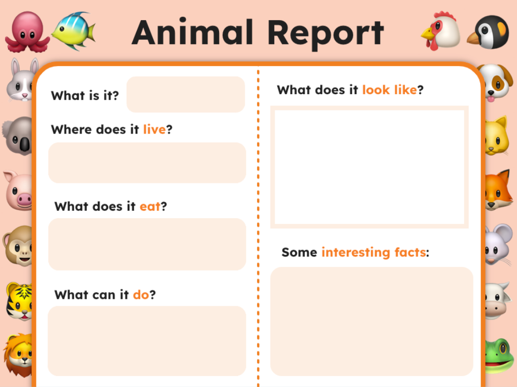 An "Animal Report" template designed for students to complete information about an animal. 