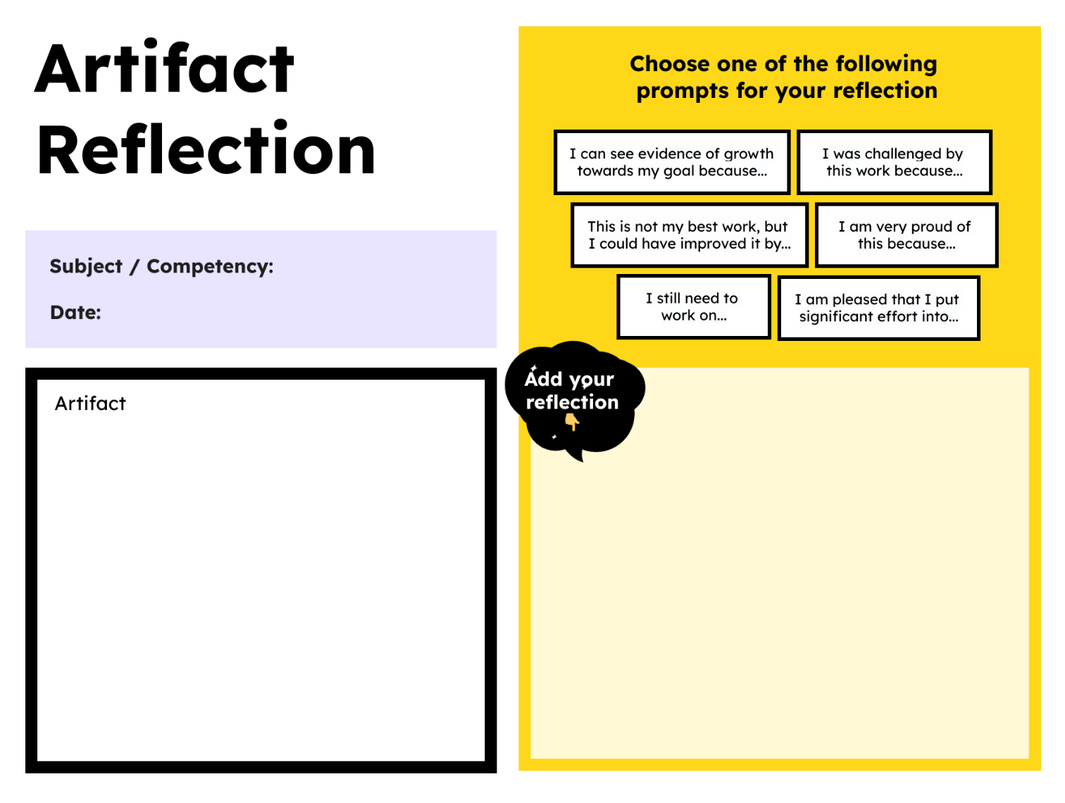 An artifact reflection template designed for students to reflect on their work. The template is divided into several sections: a light purple area for "Subject / Competency" and "Date," a black-bordered box labeled "Artifact" to display a visual representation of the student's work, and a large yellow section with the title "Choose one of the following prompts for your reflection." The yellow section includes several prompt options such as "I can see evidence of growth towards my goal because..." and "I am very proud of this because..." There is also a blank space for students to add their reflections, indicated by a speech bubble icon that says, "Add your reflection."