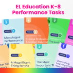 A colorful promotional image featuring various performance task modules from EL Education for grades K-8.