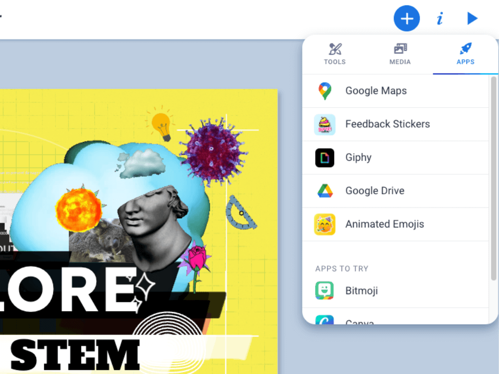A "Explore STEM" digital book is partially visible on the left, featuring bright graphics like a sun, cloud, and statues. On the right, a menu is open showing app options for adding content to the book, including "Google Maps," "Feedback Stickers," "Giphy," "Google Drive," and "Animated Emojis.