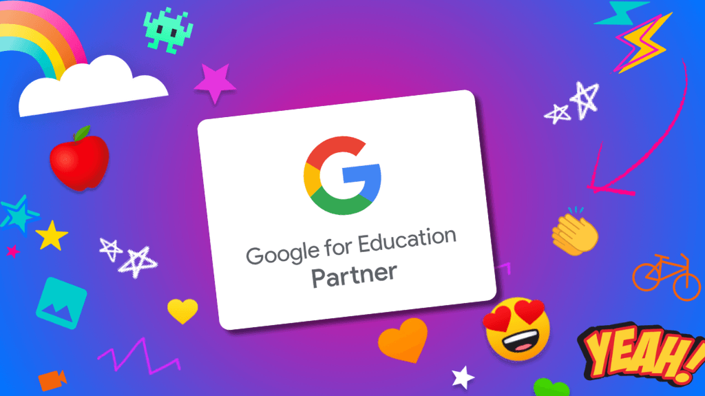 Google for Education Partner logo on a vibrant purple and blue background filled with playful graphics like stars, emojis, a rainbow, an apple, and bicycles, representing creativity and engagement in education.