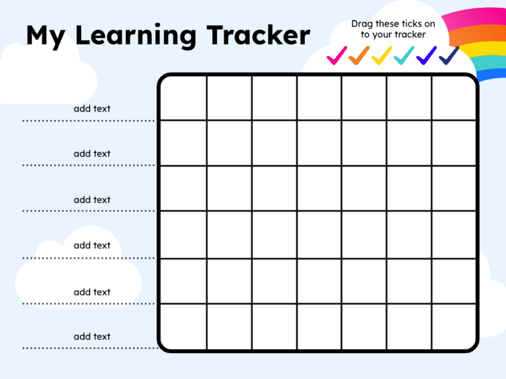 A template titled "My Learning Tracker" designed to help students track their progress. The template features a large grid with blank squares in the center, where students can visually track their learning progress.