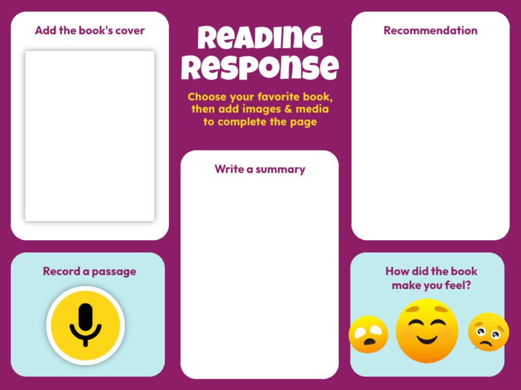 A reading response template titled "Reading Response," which helps students reflect on a book they have read. The layout includes several sections:Add the book’s cover (top left) – an empty rectangular space for adding an image of the book cover. Record a passage (bottom left) – a microphone icon inside a circle, where students can record a spoken passage from the book. Write a summary (center) – an empty rectangular space for students to summarize the book. Recommendation (top right) – a space where students can provide a recommendation for others to read the book. How did the book make you feel? (bottom right) – with three emoji faces (sad, neutral, happy) to represent the reader's emotional response to the book.