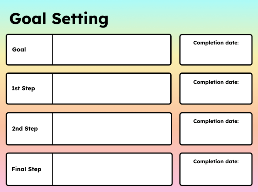 Simple goal-setting template with sections for defining a goal, outlining three steps to achieve it, and tracking completion dates for each step. Encourages breaking down goals into actionable steps.