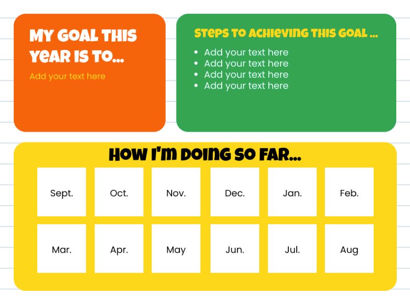 Goal-setting template with sections for defining a yearly goal, outlining steps to achieve it, and tracking progress month by month throughout the year. Encourages students to set long-term goals and monitor their progress.