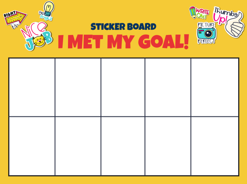 Sticker board template titled 'I Met My Goal!' with blank spaces for adding stickers or achievements. Features motivational stickers and icons such as 'Nice Job' and 'Thumbs Up' to celebrate success.