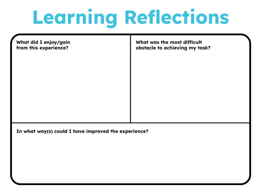 Learning reflections template with sections for students to reflect on what they enjoyed or gained, obstacles they faced, and how they could improve the experience. Encourages thoughtful reflection on tasks.