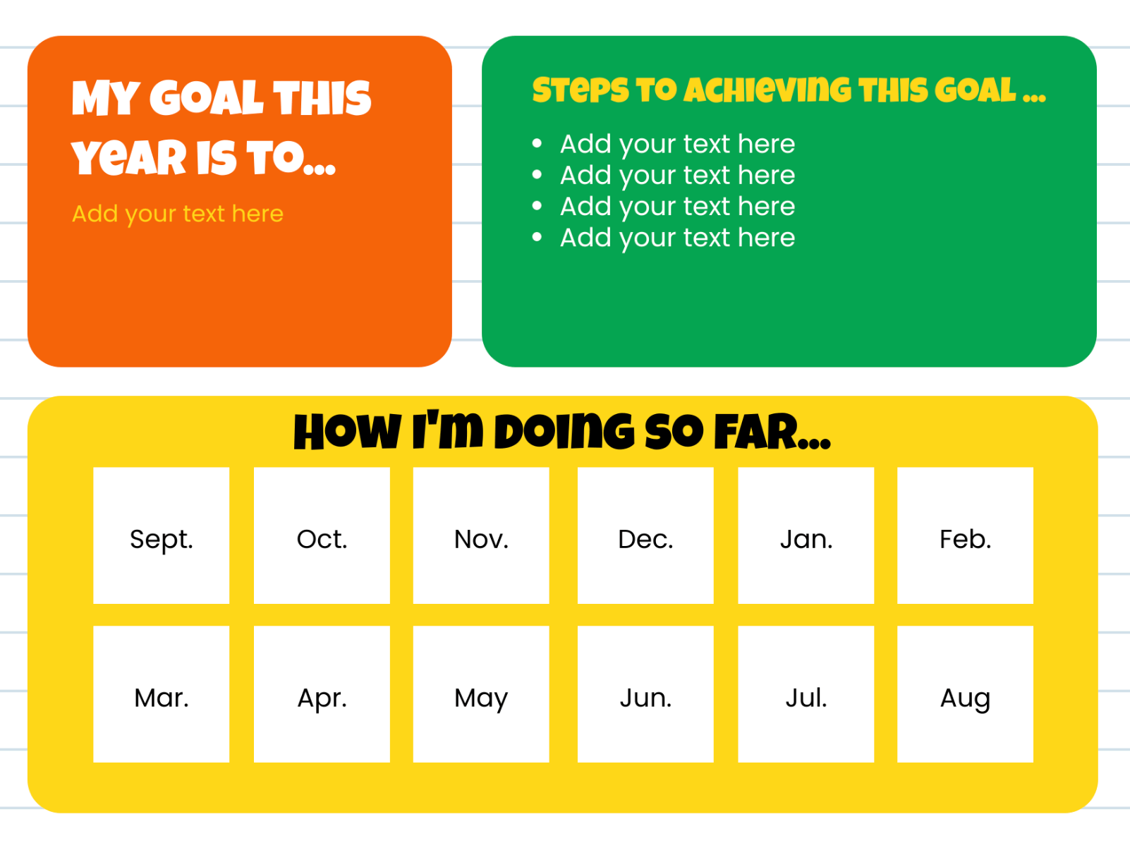 Student goal-setting template for Digital Citizenship Week. Includes sections for setting yearly goals, outlining steps to achieve them, and tracking progress throughout the school year by month. Ideal for promoting responsibility and self-management skills in the context of digital citizenship.