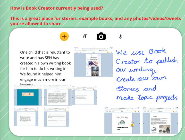 A digital feedback card with the title "How is Book Creator currently being used?" followed by a prompt encouraging users to share stories, example books, photos, videos, or tweets. The card features a combination of typed and handwritten responses. One typed section highlights a student with SEN (Special Educational Needs) who uses Book Creator for writing, helping him engage more in lessons. A handwritten note reads, "We use Book Creator to publish our writing, create our own stories, and make topic projects." The card includes thumbnail images of various student-created digital books, such as "American Road Trip" and "My School Day." The background is light green with diagonal white stripes and rounded edges.