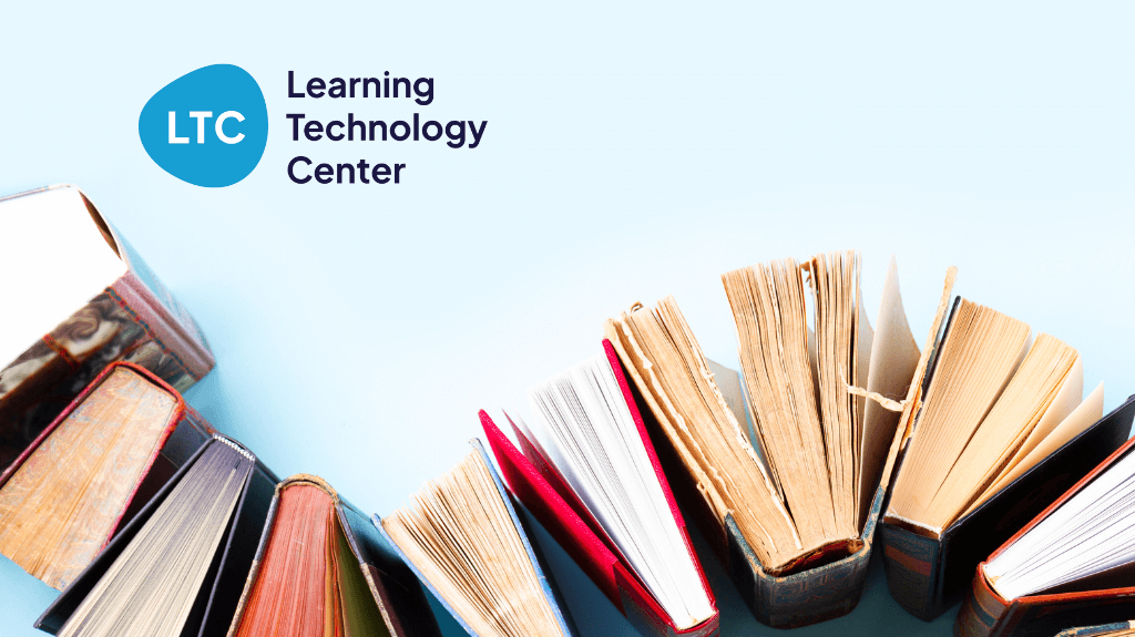 Featured blog image for the Learning Technology Center, showing an arrangement of open books fanned out in a semi-circle on a light blue background. The LTC logo, a blue teardrop shape with 'LTC' inside and 'Learning Technology Center' text next to it, is displayed in the top left corner, symbolizing educational resources and collaborative learning.