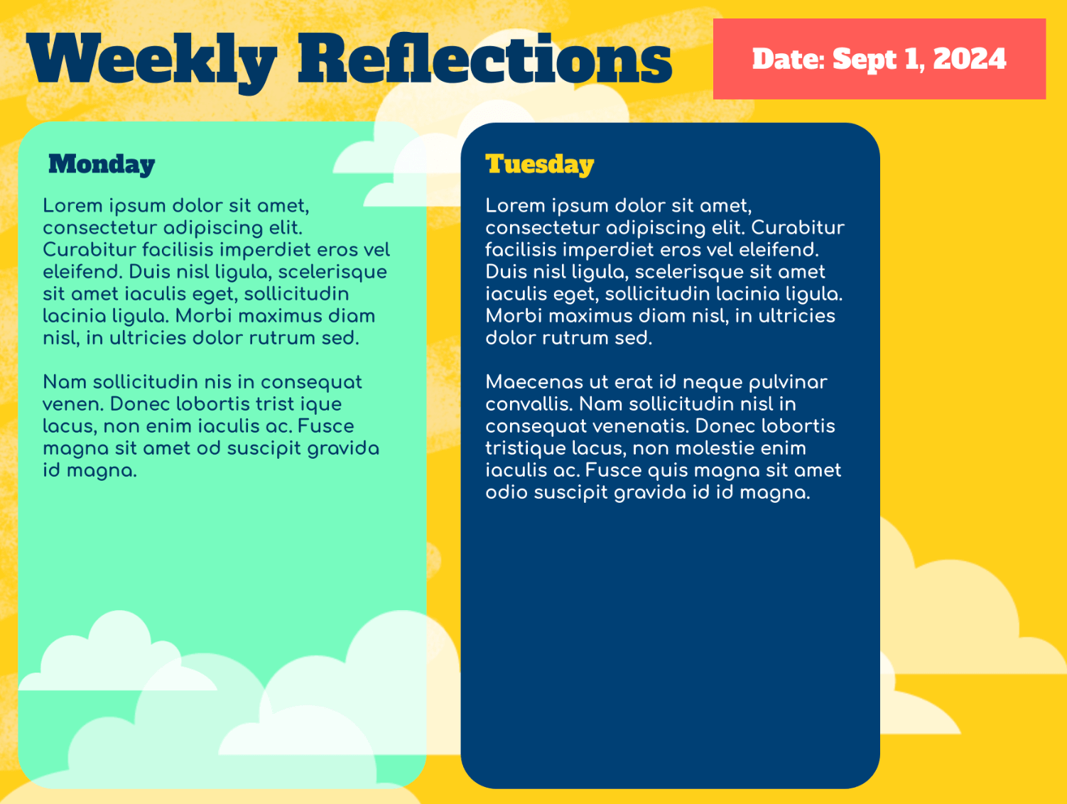 A weekly reflection template with two sections for Monday and Tuesday. The Monday section has a light green background, and the Tuesday section has a dark blue background. Both sections contain placeholder text for reflective thoughts. The template is titled "Weekly Reflections" at the top, with a date displayed in the upper right corner: "Sept 1, 2024." The background has a yellow color with stylized clouds and sun rays.